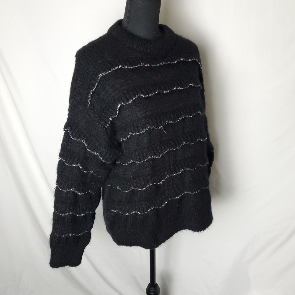 Zara Knit Glitter Tiered Black Sweater Size Small